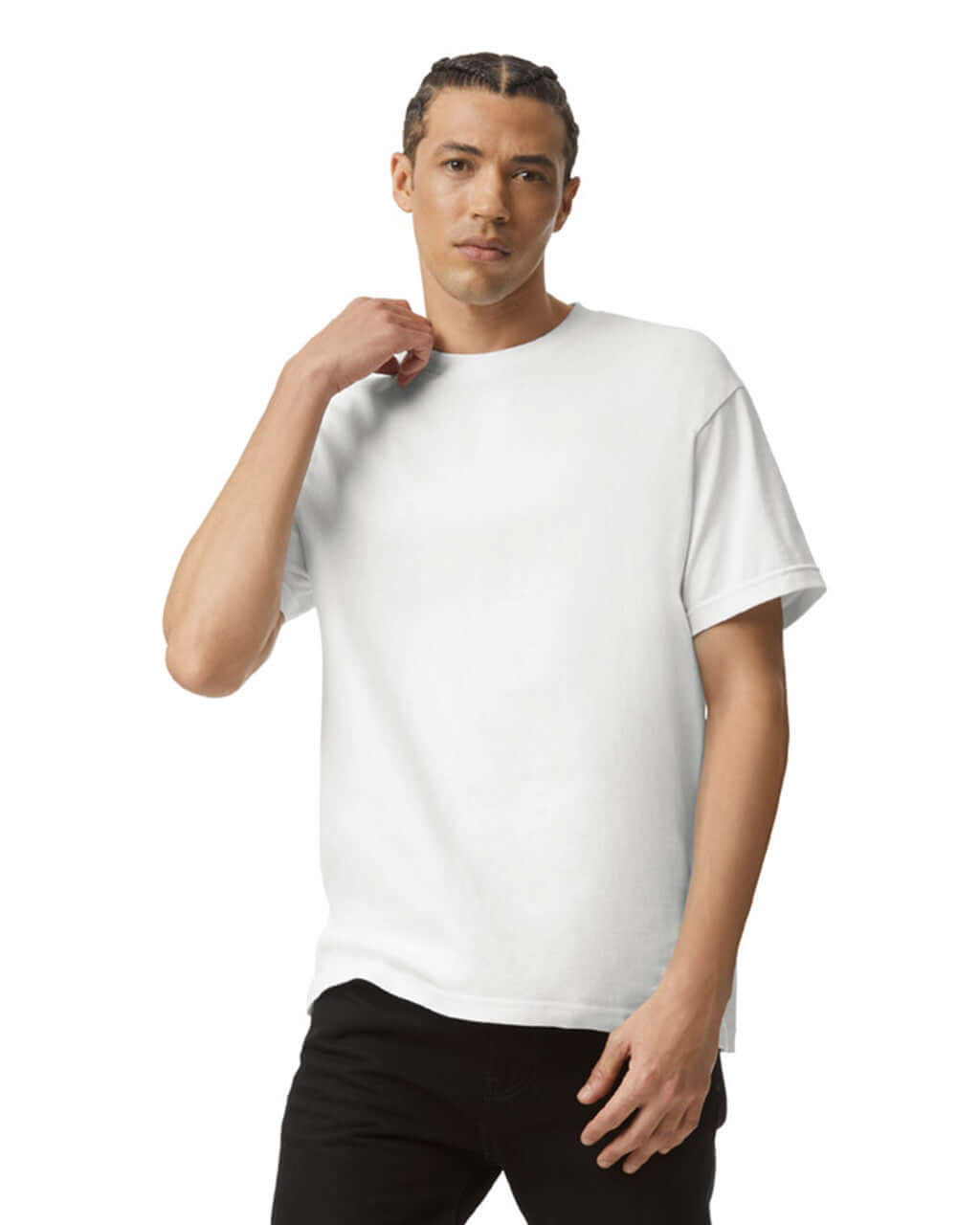 Model wearing a white unisex heavyweight cotton t-shirt from American Apparel.