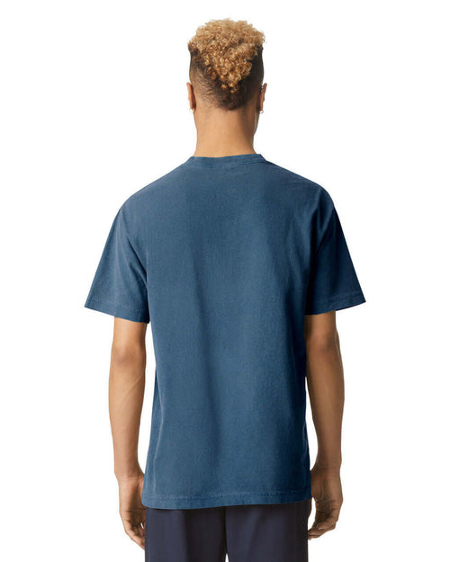 Back view of AMERICAN APPAREL heavyweight cotton unisex garment dyed tee in navy color.