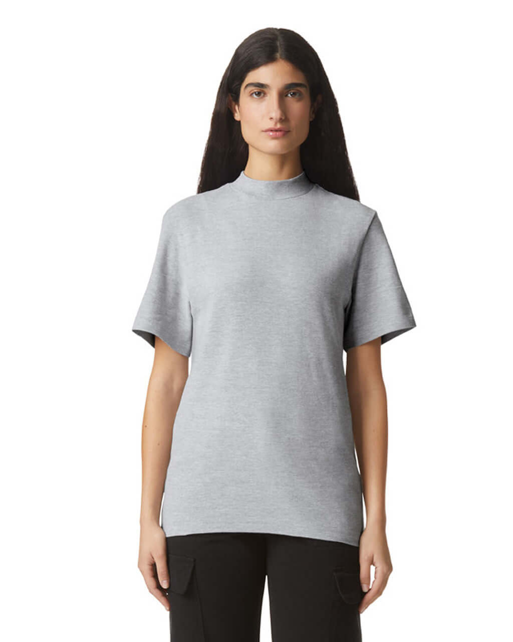 Model wearing American Apparel Pique Unisex Mockneck T-Shirt in heather grey, showcasing comfort and style.
