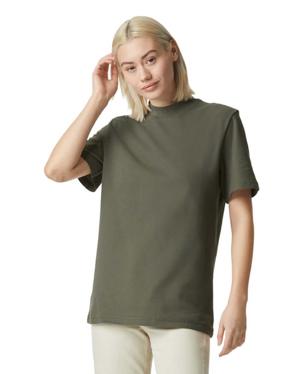 Model wearing American Apparel Pique Unisex Mockneck T-Shirt in lieutenant, showcasing comfort and style.