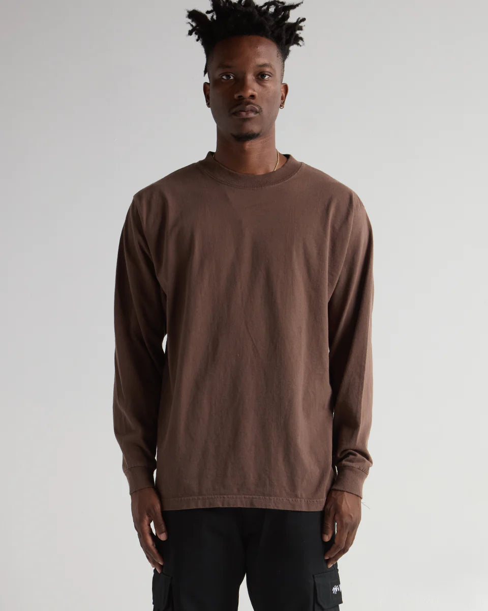 MAX Heavyweight Garment Dye Long Sleeve in washed-out brown, showcasing premium streetwear style and durability.